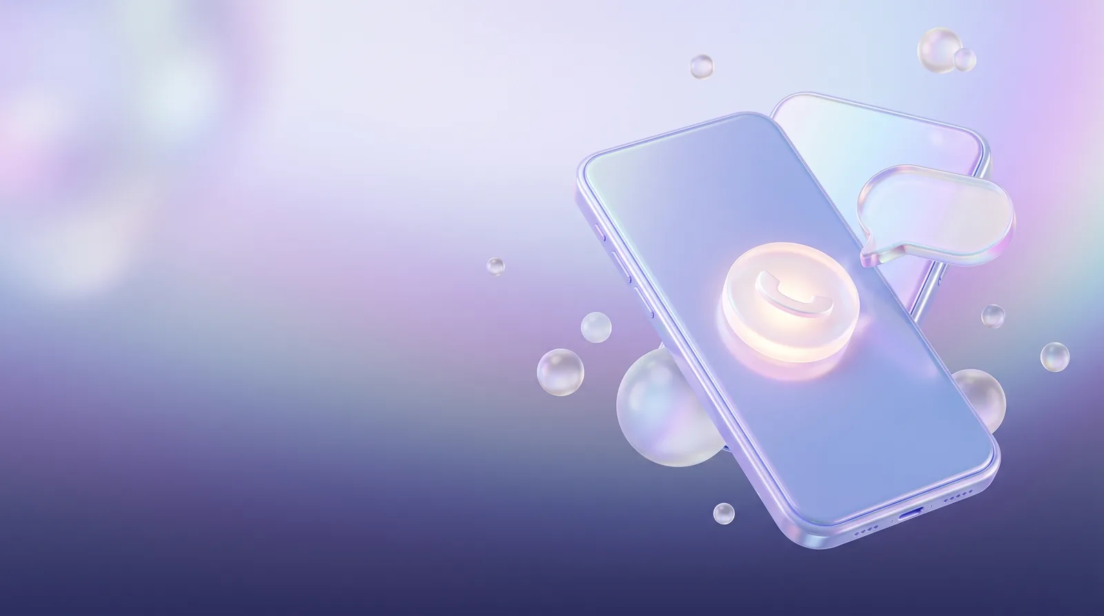 Pastelowy smartfon z dymkiem rozmowy w perłowo-lawendowej kolorystyce